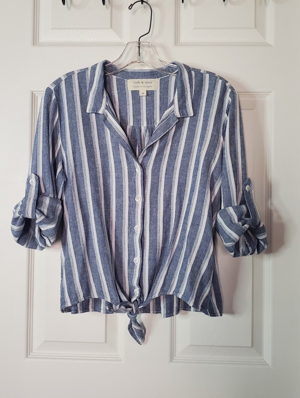 Cloth & Stone Shirt Blue Beige Tie Front Striped Cropped Roll-up Sleeves Preppy